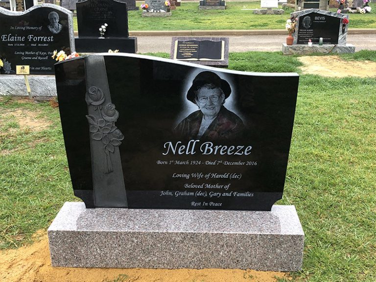 Base with Carved Headstone and Laser Etched Image McKenzie Family